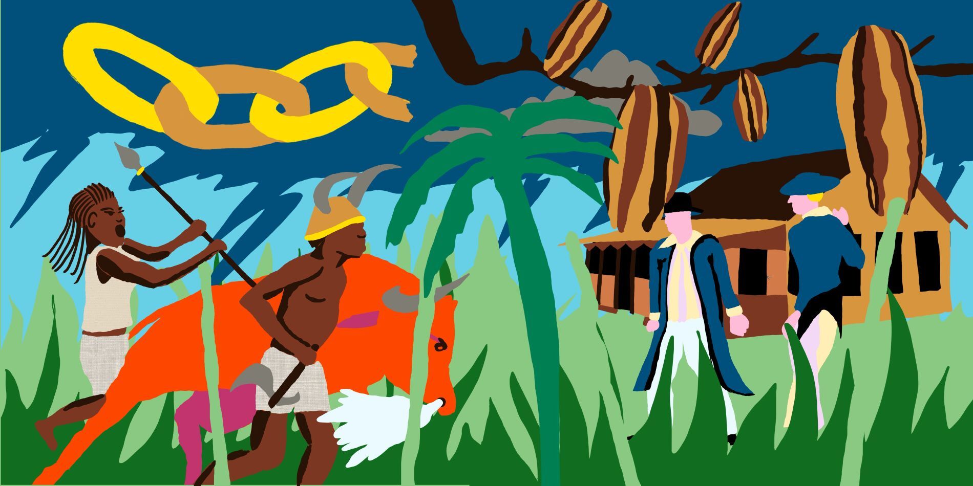 Op het tapijt staan twee personen, gebroken ketens, nootmuskaat en een palmboom. Rechts zie je een huis en twee mannen.