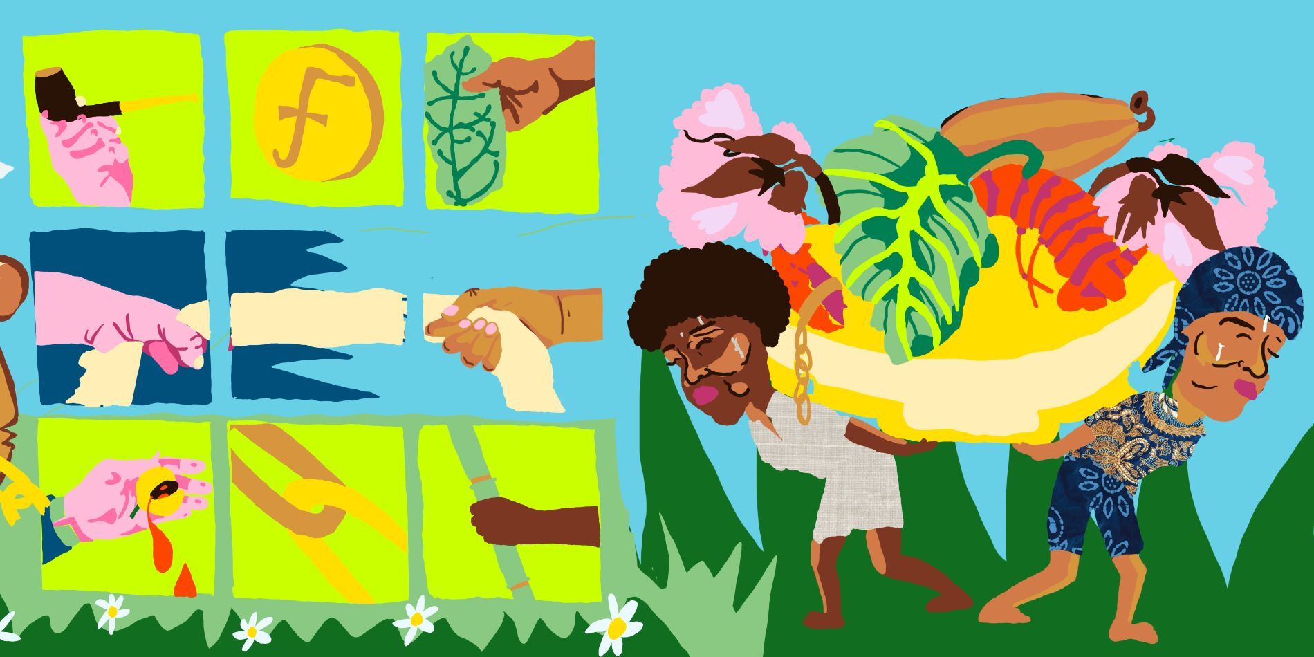 Links staan allerlei verschillende handen, rechts twee vrouwen in batikkleding. Ze dragen een grote bak met planten en nootmuskaat.