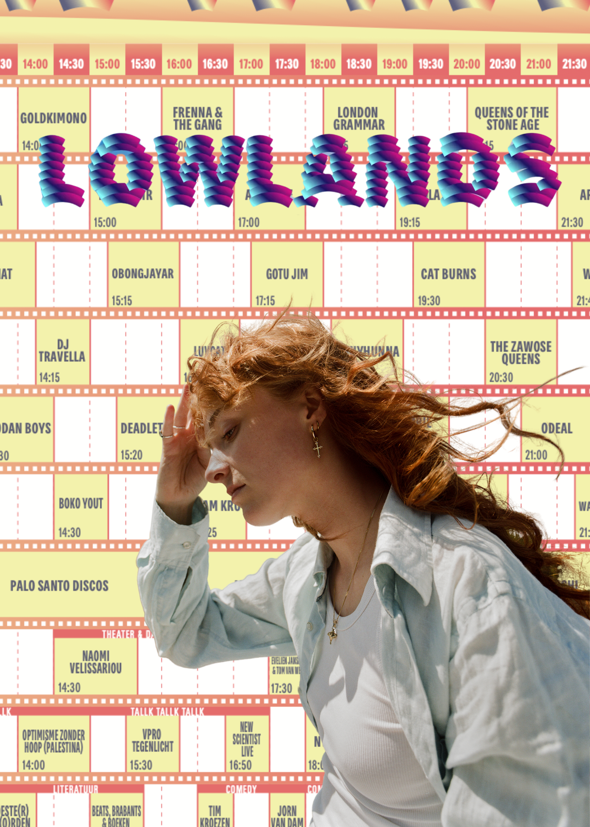Een collage van Froukje die een hand naar haar hoofd doet, voor een achtergrond van het Lowlands blokkenschema.
