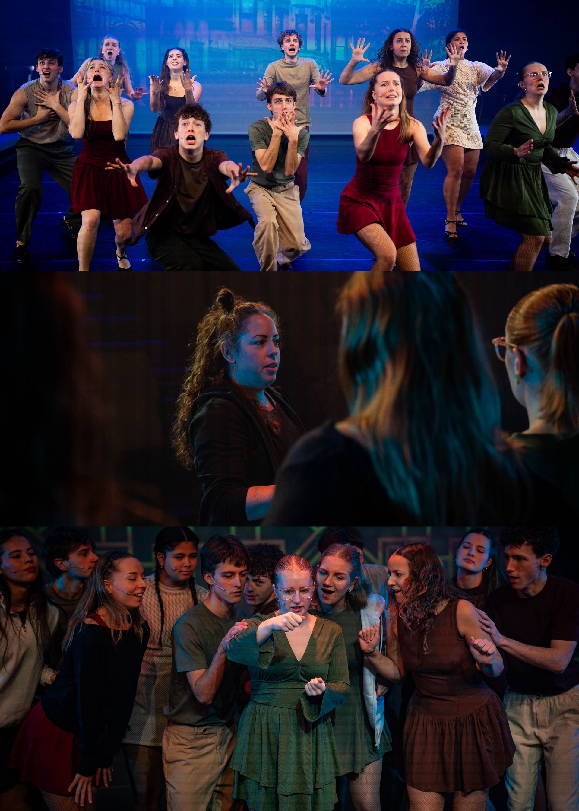 Je ziet Chiara Re die haar dansers feedback geeft. je ziet 2 foto's van musical dansers.