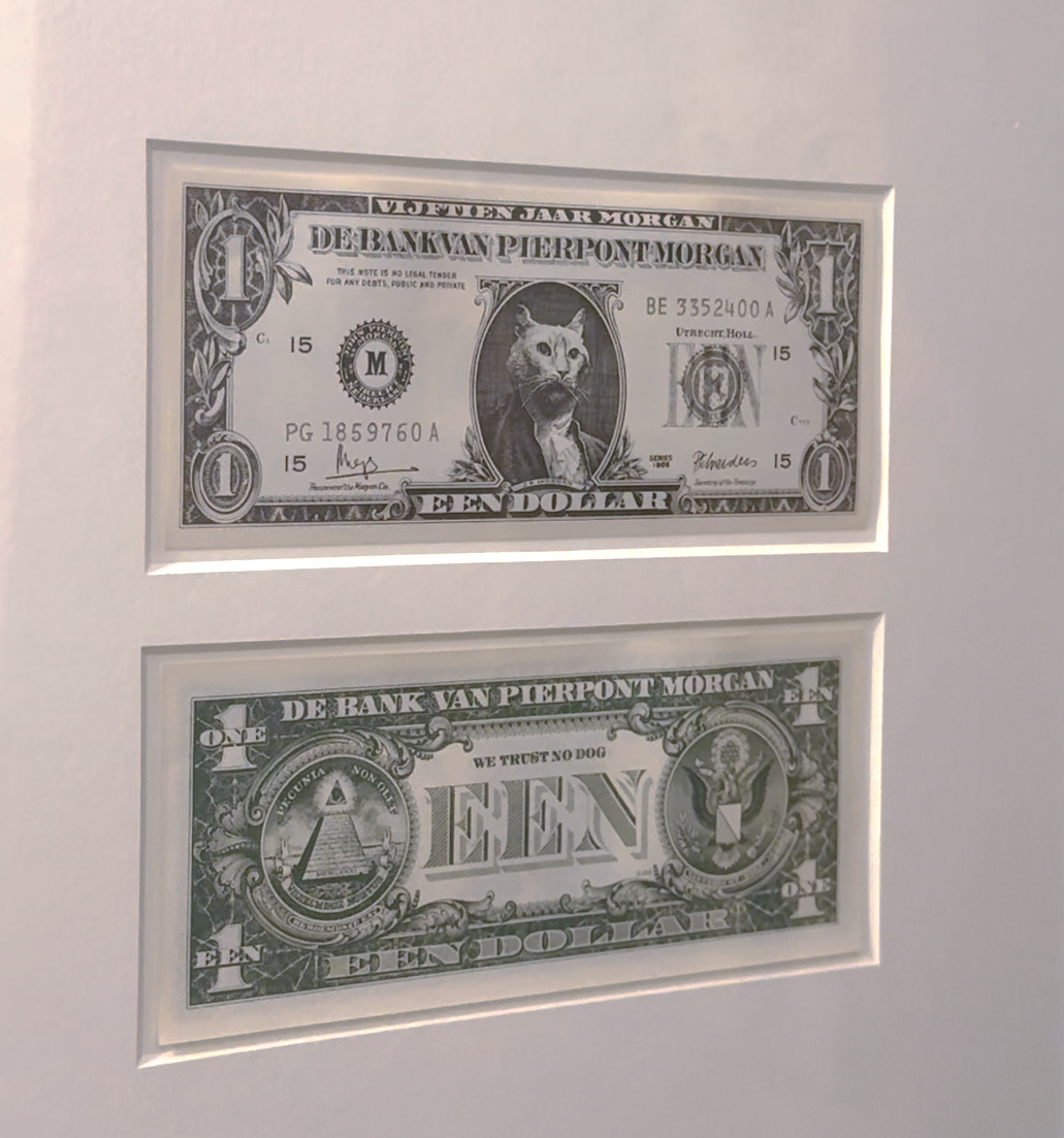 Amerikaans dollarbiljet met kat genaamd J.P. Morgan erop.