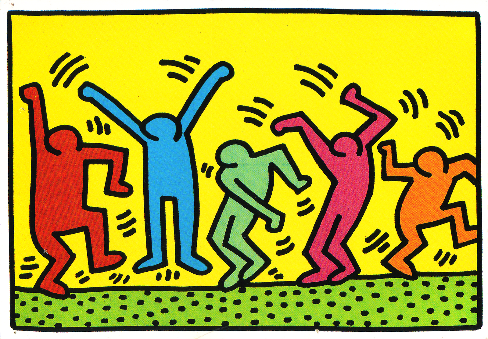 Getekende dansende poppetjes in verschillende kleuren door Keith Haring