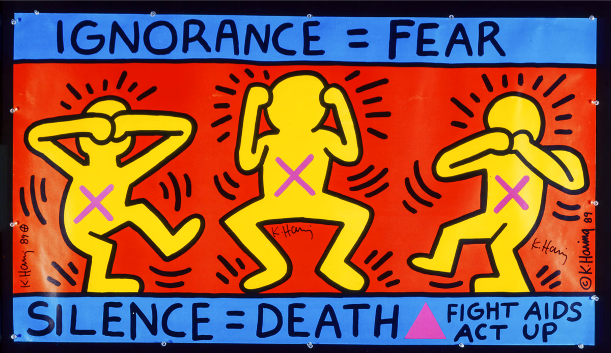 Drie gele getekende poppetjes zijn boos en vechten met de tekst ignorance = fear en silence = death fight aids act up door Keith Haring