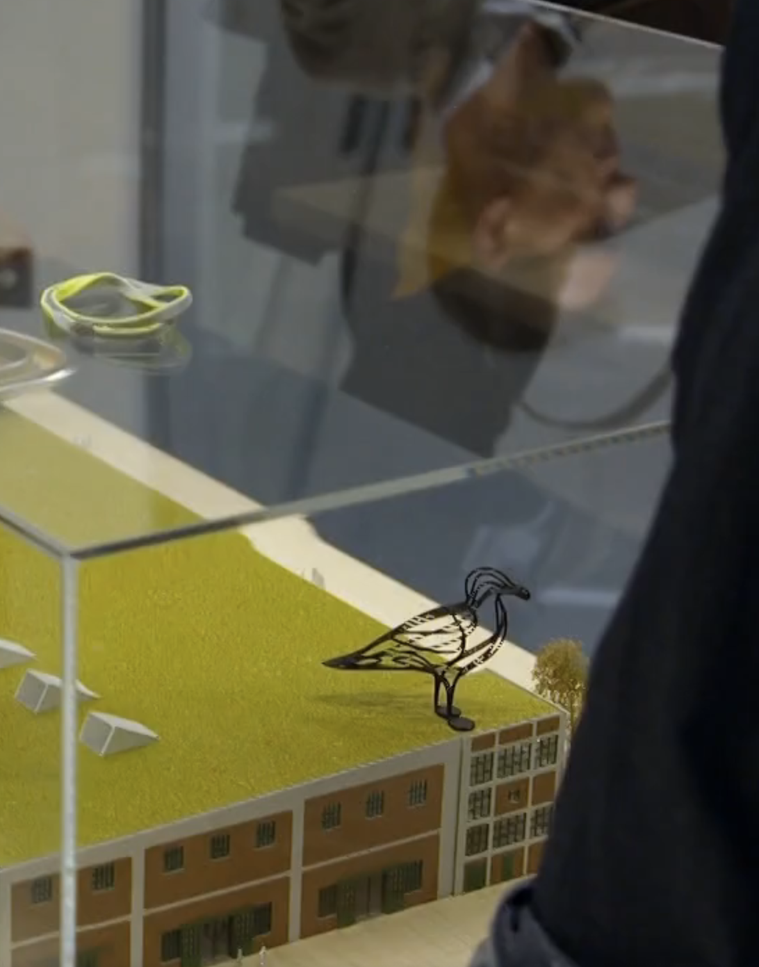 en maquette van het museum, in een glazen vitrine. Op het dak staat op de hoek een grote meeuw (op schaal), van zwart materiaal. Hij is opgebouwd uit lijnen dus je kijkt erdoorheen.