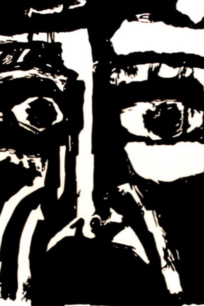 Poster voor de film La Dulce Vida (La Dolce Vita) op Cuba. Een angstig grof geschilderd gezicht in zwart wit.