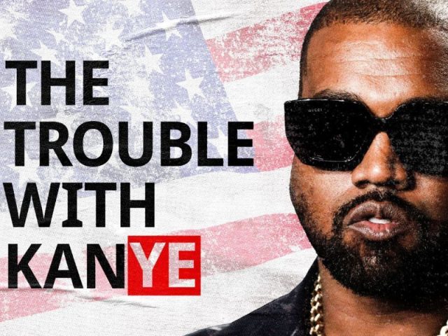 KanYe met Amerikaanse vlag op de achtergrond