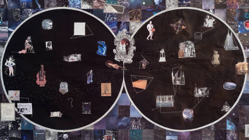 Collagekunstwerk van Aldwyth. Tussen een uitgestrekt vlak vol losse afbeeldingen bevinden zich twee grote cirkels, die allebei zwart zijn met een stroom van witte puntjes, waardoor de ruimte binnen de cirkels lijkt op een soort sterrenhemel. Binnen deze sterrenhemel zweven losse illustraties: fragmenten van schilder- en fotowerken.