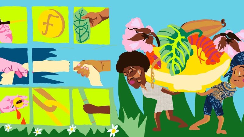 Links staan allerlei verschillende handen, rechts twee vrouwen in batikkleding. Ze dragen een grote bak met planten en nootmuskaat.