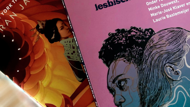 Stapel van twee boeken. Links ligt Iron Widow, een boek met een Chinese vrouw op de voorkant en op de achtergrond rode, gele en oranje tinten. Daarbovenop ligt rechts het boek Zij/haar, de omslag is roze en blauw en er staan twee vrouwen op die elkaar omhelzen.