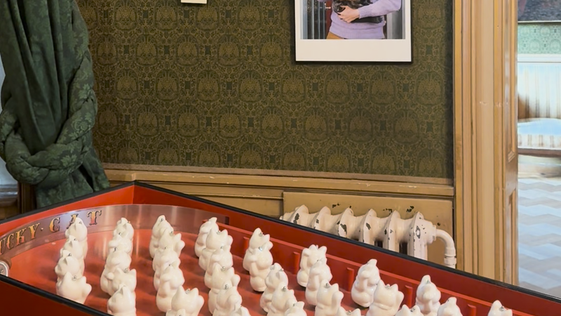 Vooraan staat een rode speltafel met heel veel Chinese gelukskatjes. Achter zie je een groene muur met daaraan portretfoto's van de tentoonstelling over kunstenaars en hun katten in de fotografie.