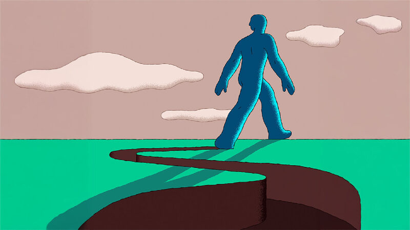 Grafische afbeelding van een figuur die door een eindeloze vlakte loopt.