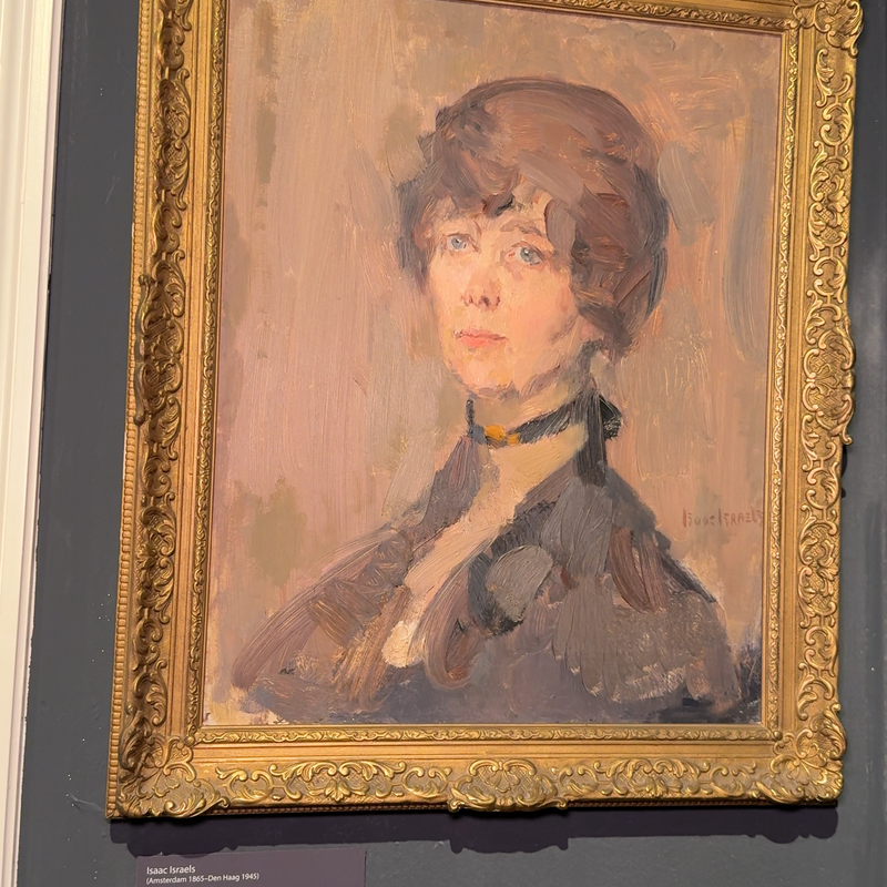 Portret van Ina Boudier-Bakker voor Isaac Israëls geschilderd. Het is een portret van een vrouw die ongelukkig naar links kijkt. Ze heeft kort haar en een hoedje op. Ze draagt grijze kleding. Het schilderij zit in een gouden, versierde lijst en hangt op een grijze muur.