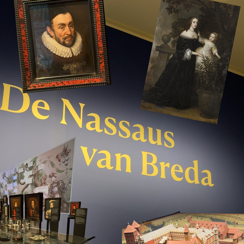 Een impressie van de zaal De Nassaus van Breda. Je ziet die woorden op de muur in gouden letters op blauw. Daarop zijn met de computer afbeeldingen geplakt van het schilderij van Willem van Oranje, het schilderij van Mary Stuart en de tafel en het kasteel, zoals dat allemaal omschreven wordt in de tekst.