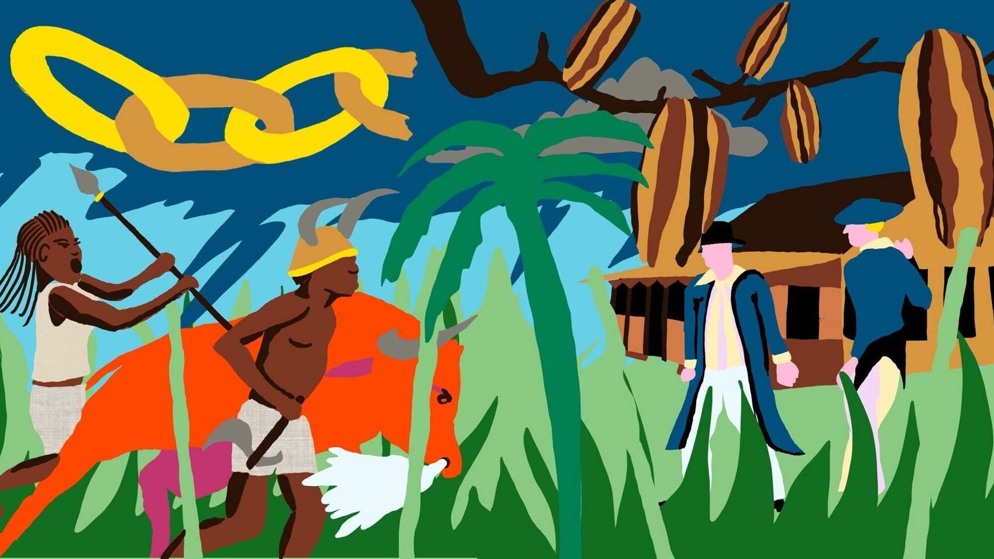 Op het tapijt staan twee personen, gebroken ketens, nootmuskaat en een palmboom. Rechts zie je een huis en twee mannen.