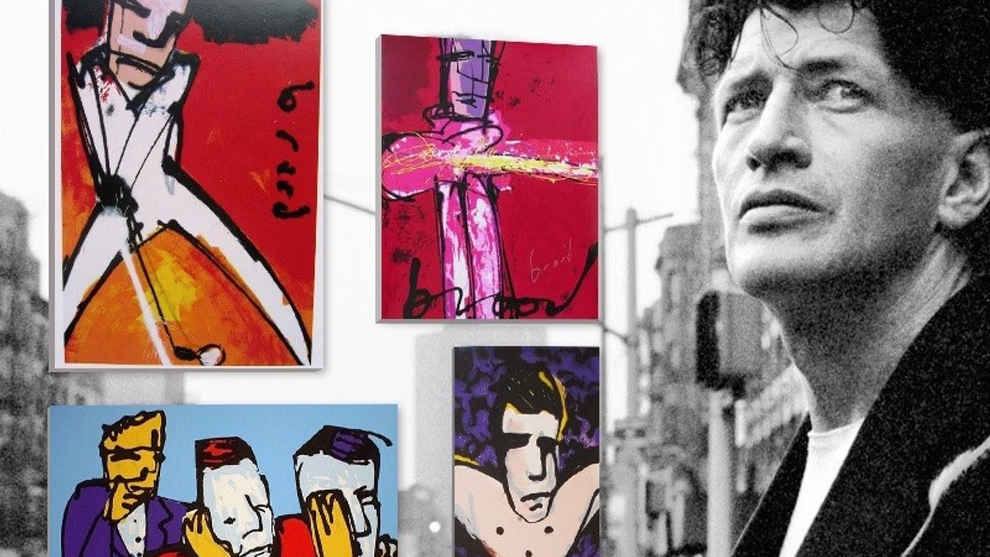 Herman Brood staat zwoel kijkend naast zijn kleurijke kunstwerken