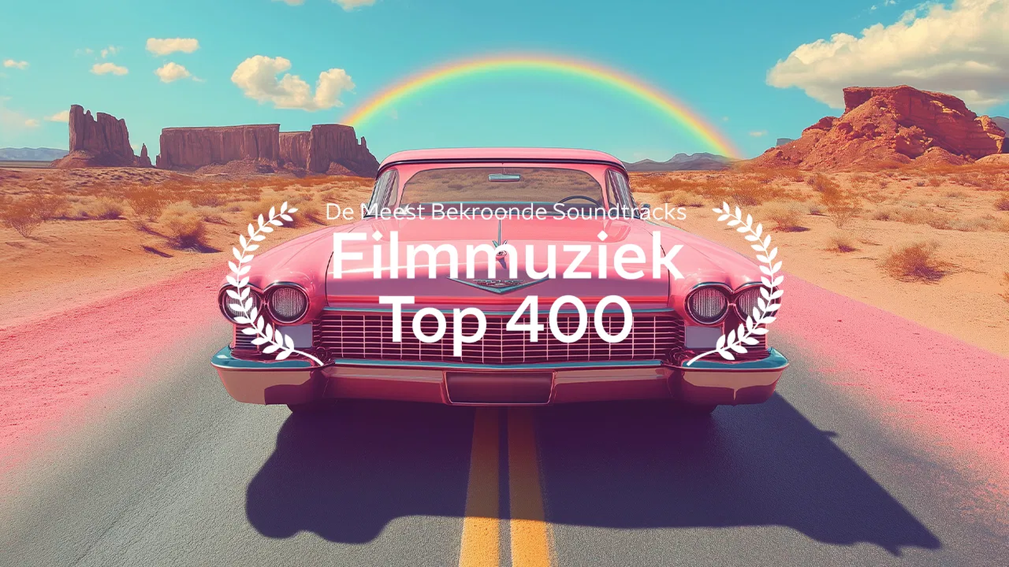 Roze auto rijdt op een amerikaanse weg met een regenboog en bergen op de achtergrond en de tekst de meest bekroonde soundtracks filmmuziek top 400