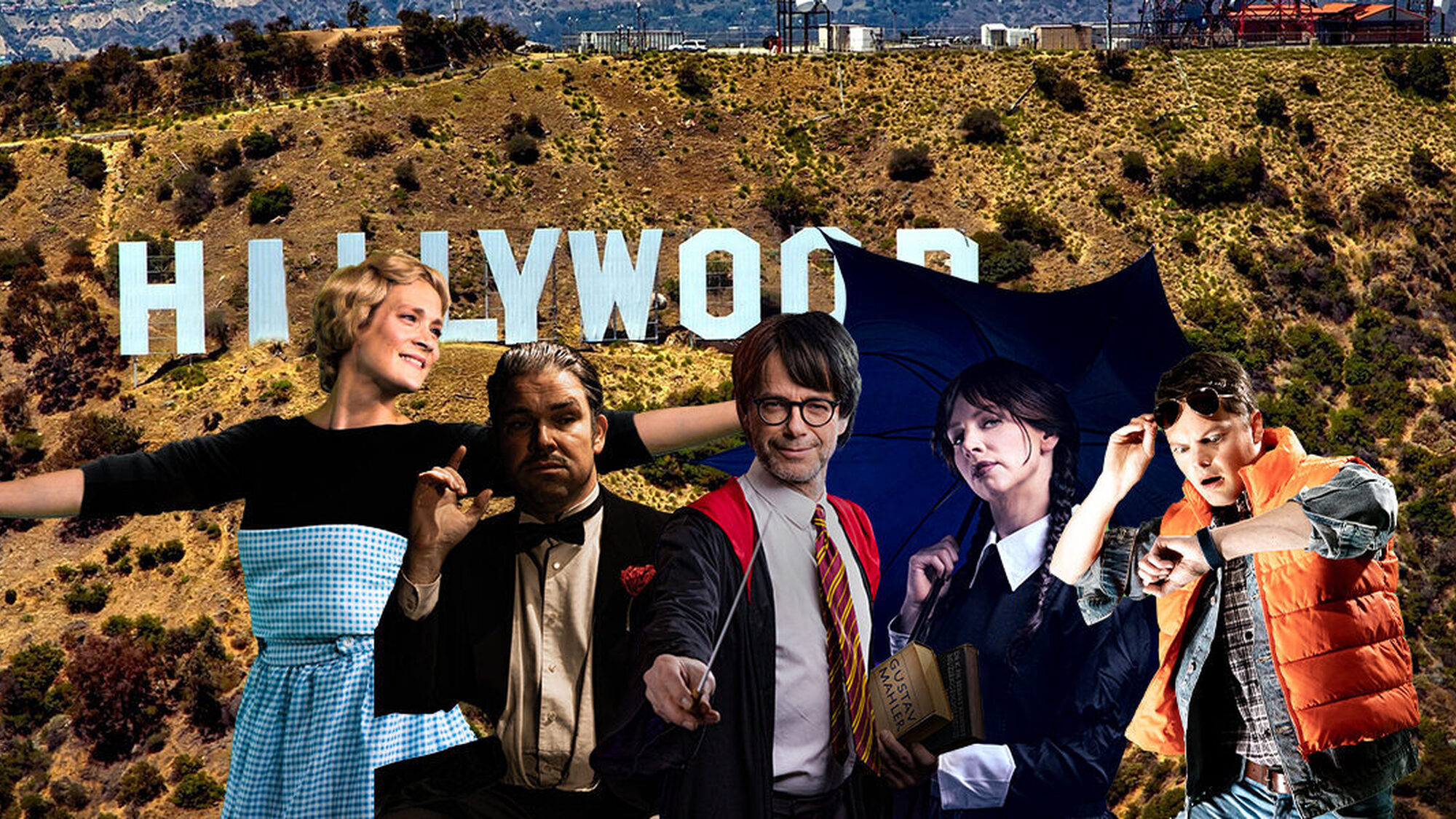 Voor de berg van Hollywood staan vijf verschillende filmpersonages waaronder the sound of music