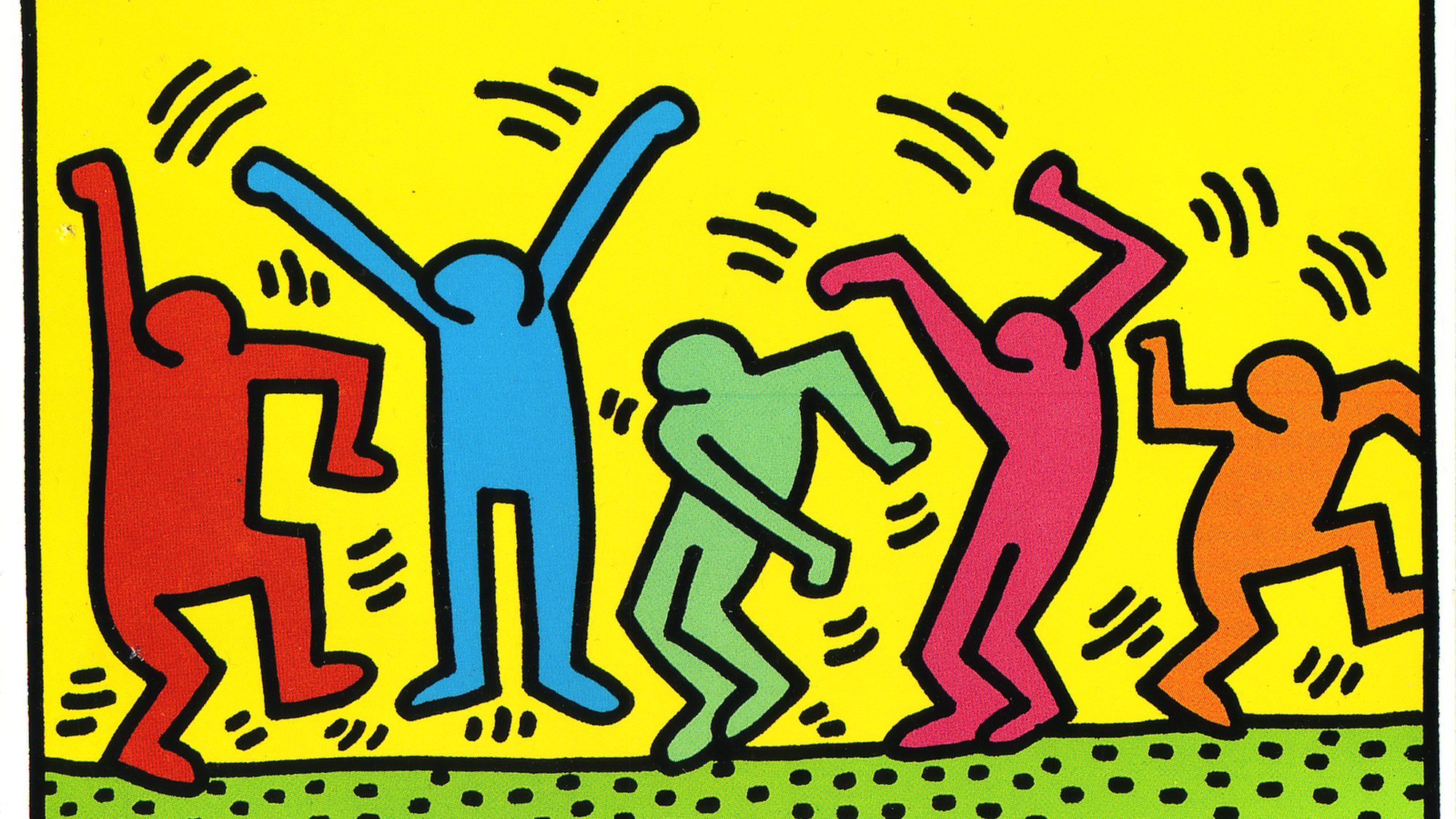Getekende dansende poppetjes in verschillende kleuren door Keith Haring