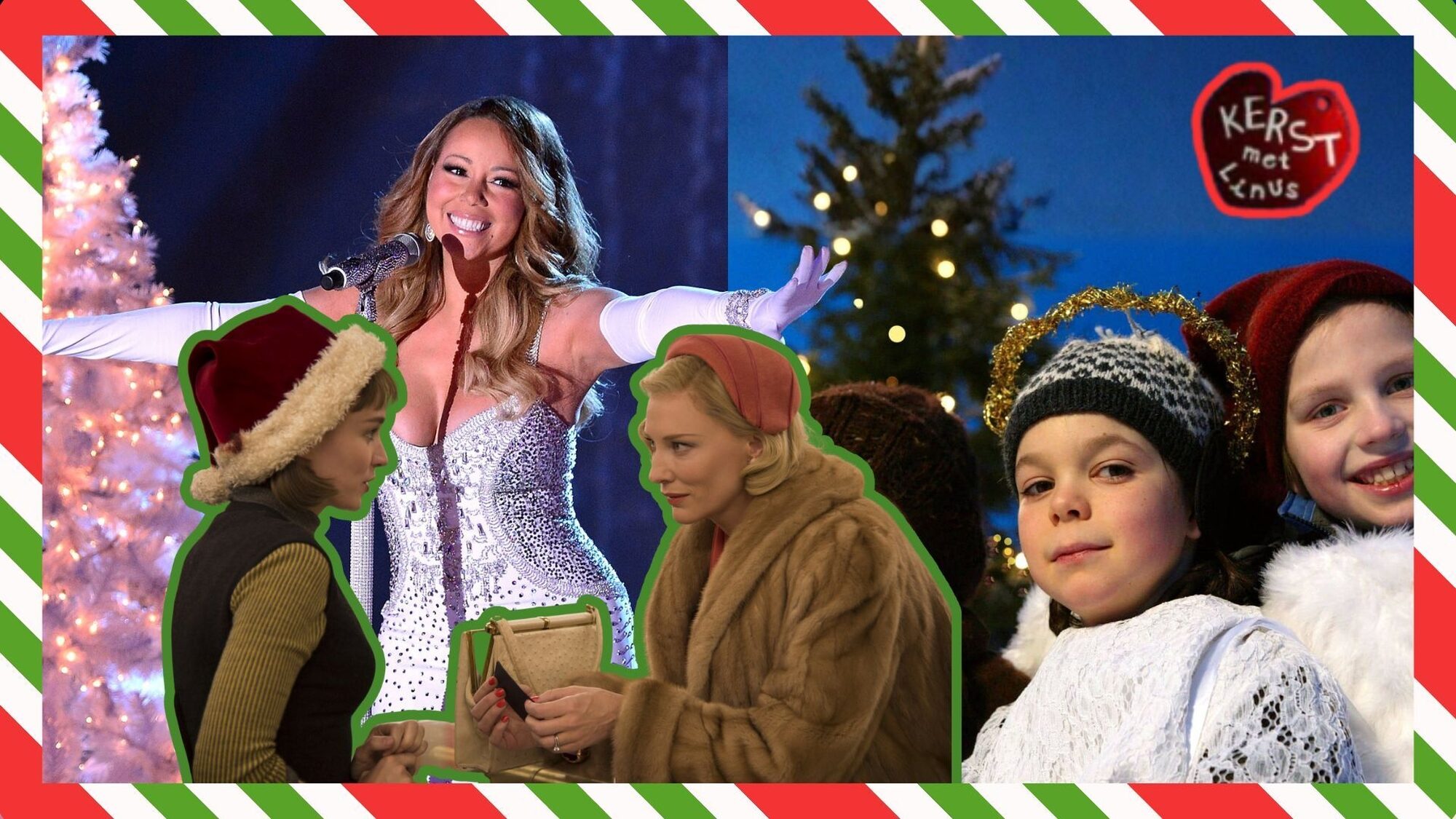 Je ziet 1 zangeres, Mariah Carey in een zilver witte jurk, Cate Blanchett in de film Carol. Een kerstboom met lichtjes en 2 kindjes in verkleedkleding