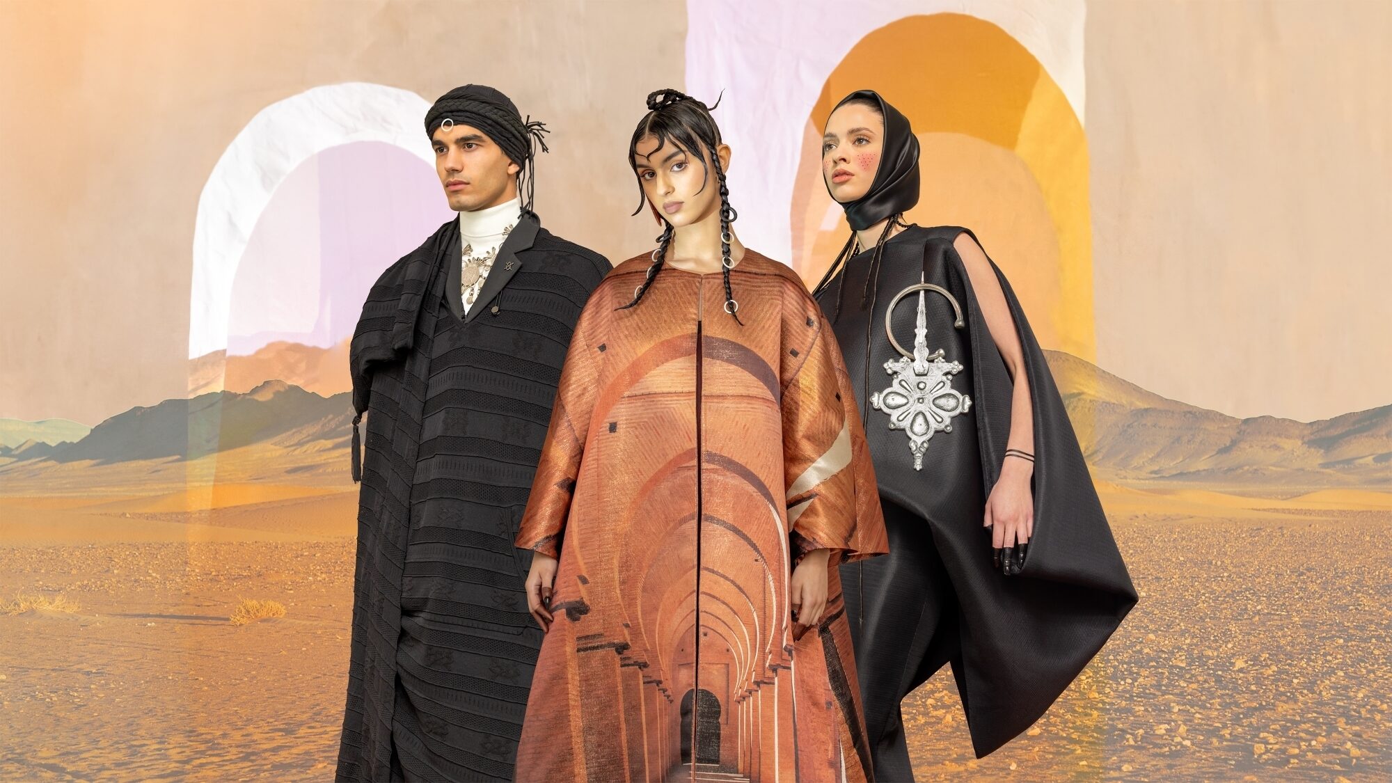 Modellen Saïf Safae en Yasmina van links naar rechts voor MODA Moroccan Fashion