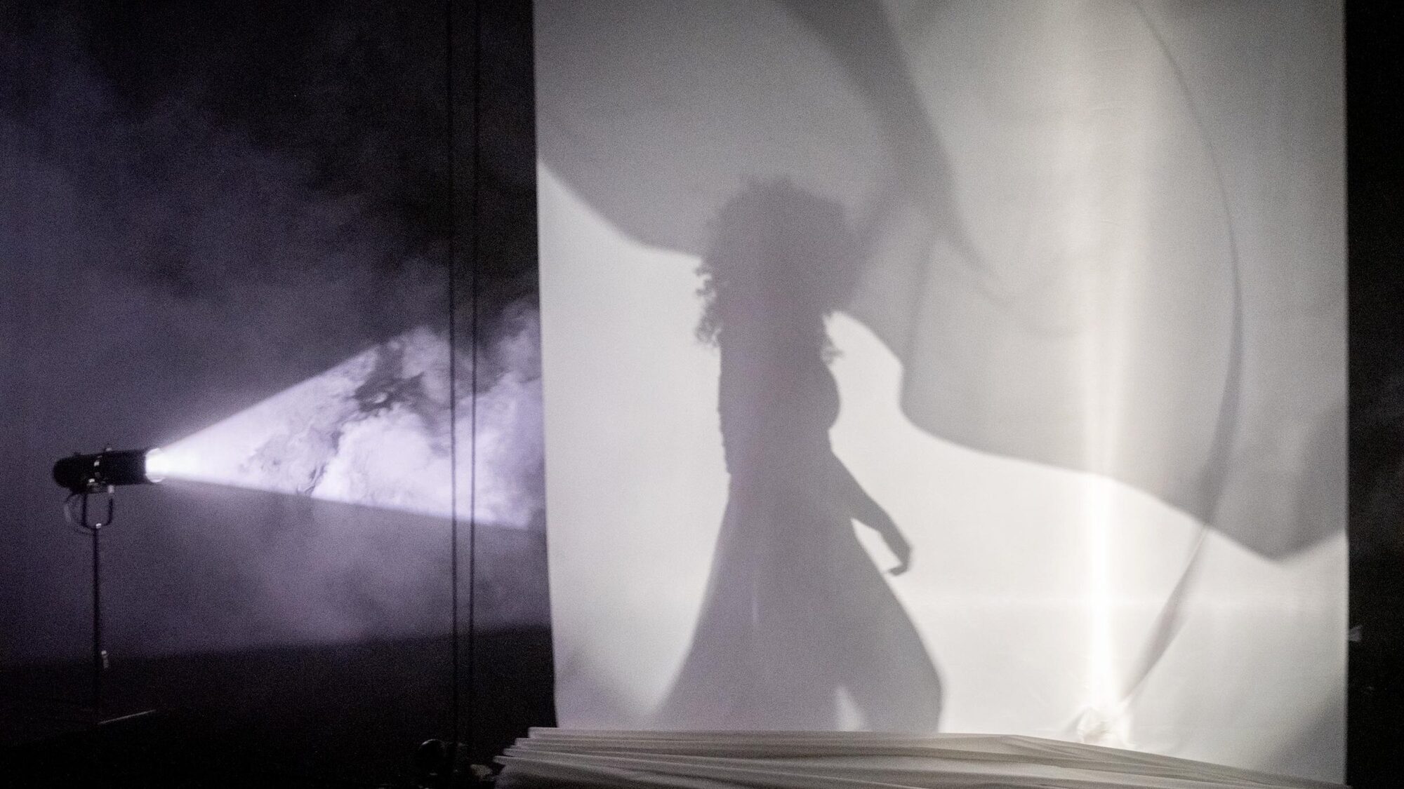 Silhouet van een dansende vrouw achter een wit doek omring met lichten in een theaterzaal