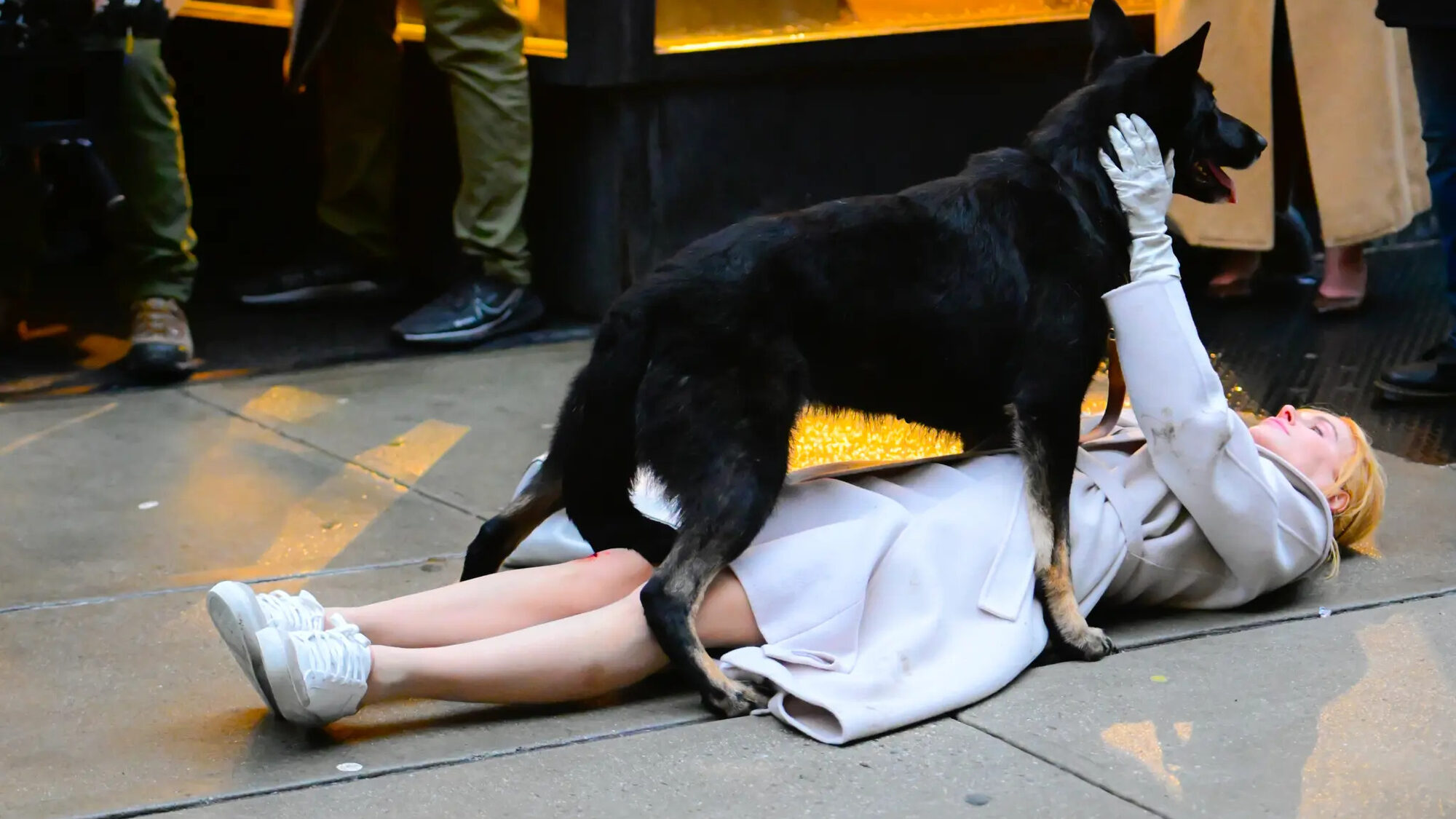 Zwarte hond staat bovenop een liggende witte vrouw op de stoep
