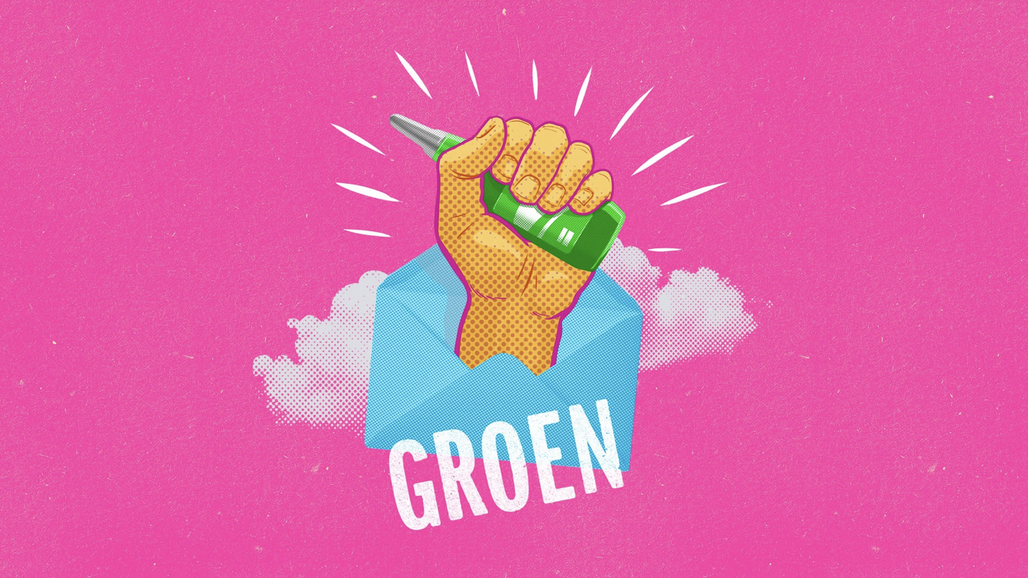 Grafisch ontwerp van een brief waaruit een flesje groene haar verf steekt