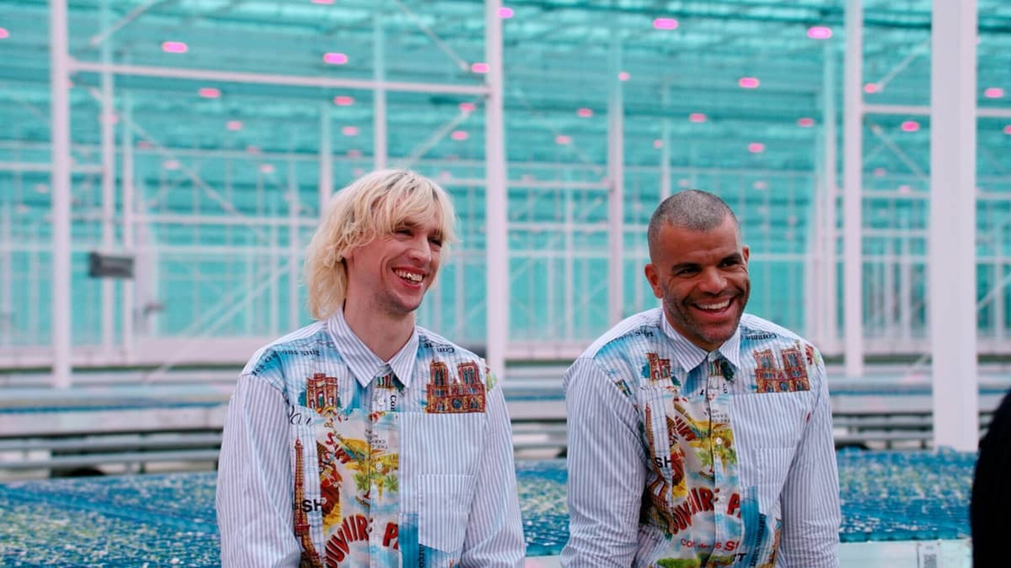 twee mannen staan in een kleurijk overhemd staan in een felbelichte kas met groene plantjes
