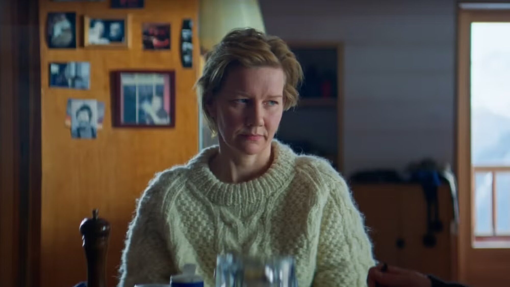 Personage uit Anatomy of a fall kijkt afkeurend.