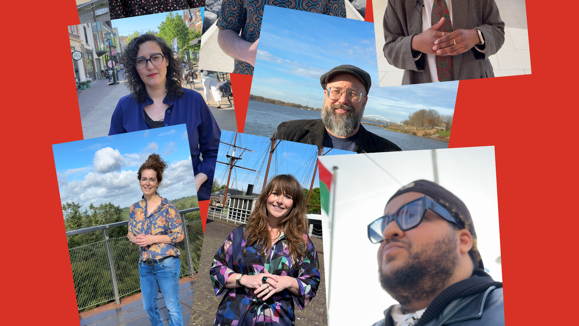 Een collage van de verschillende stadsdichters die in de NPO Cultuur serie voorbij zijn gekomen. Voor een rode achtergrond zie je foto's van verschillende mensen die allemaal op een plek in de stad staan, de camera inkijken en voordragen.