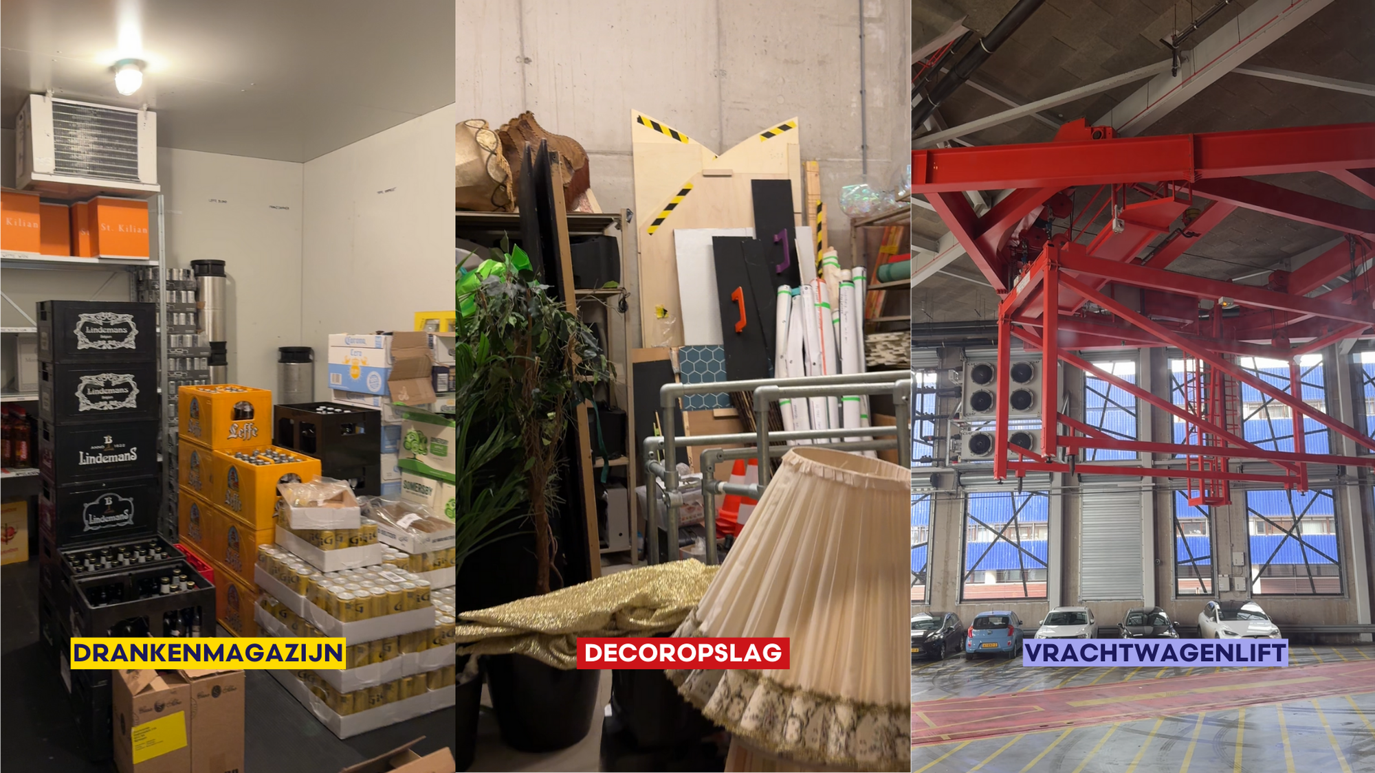 Drie foto's op een rij. Op de linkerfoto zien we het drankenmagazijn. Daar staan veel kratten bier in een donkere ruimte. Op de middelste foto zien we de decoropslag, dat is een volle ruimte met veel spullen erin, zoals een lampenkap en stukken hout. Op de rechterfoto zien we de vrachtwagenlift, een groot rood metalen gevaarte in een grote lege hal.