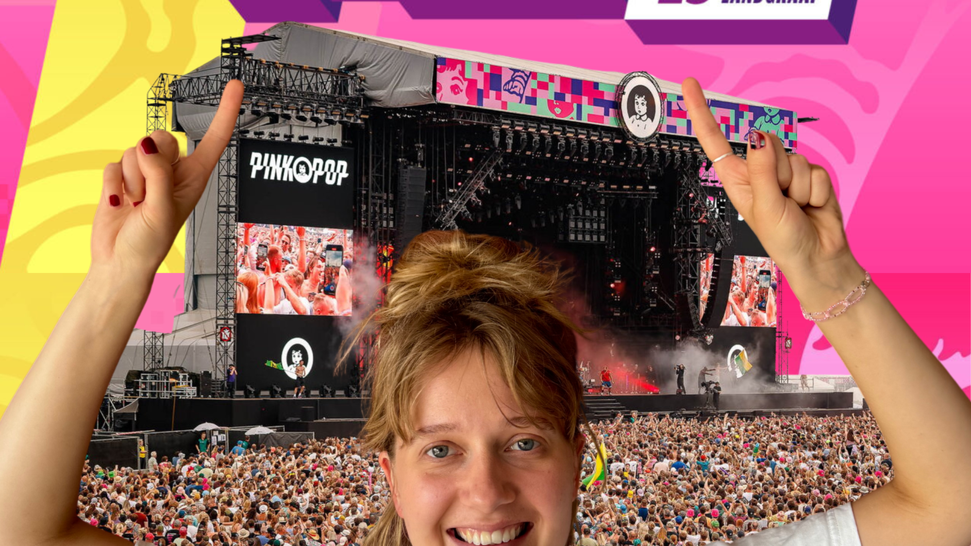Collage van het pinkpop logo, met een podium ervoor en Pieteke 9die de tips geeft) die daarnaar wijst.