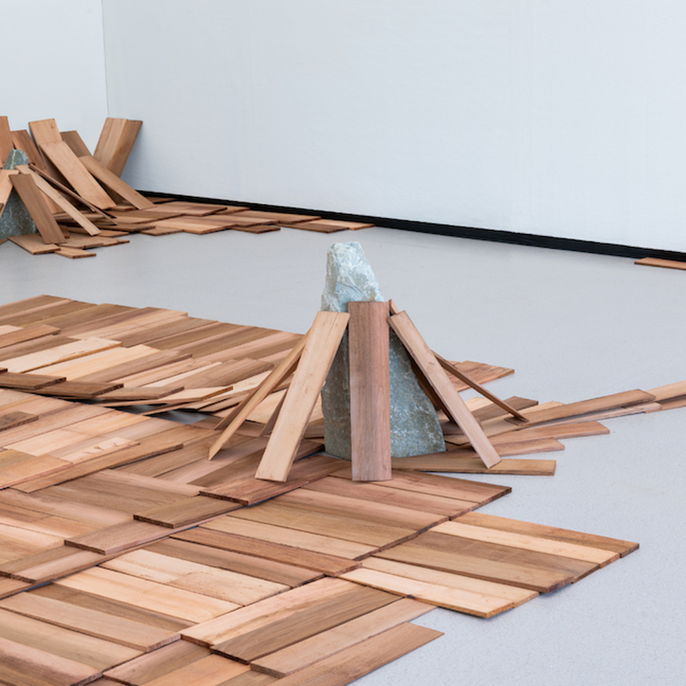Kunstwerk van Kishio Suga; houten latjes liggen verspreid op de grond en sommigen leunen tegen een steen.