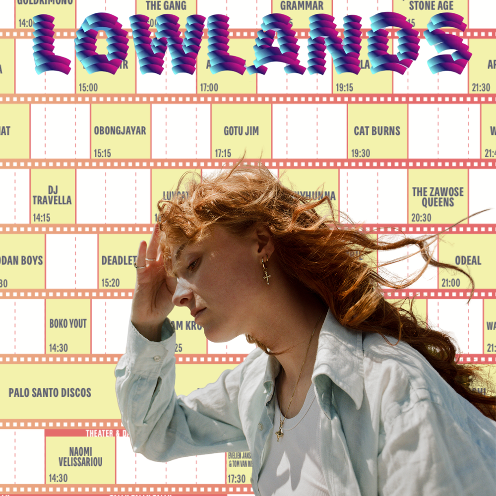 Een collage van Froukje die een hand naar haar hoofd doet, voor een achtergrond van het Lowlands blokkenschema.