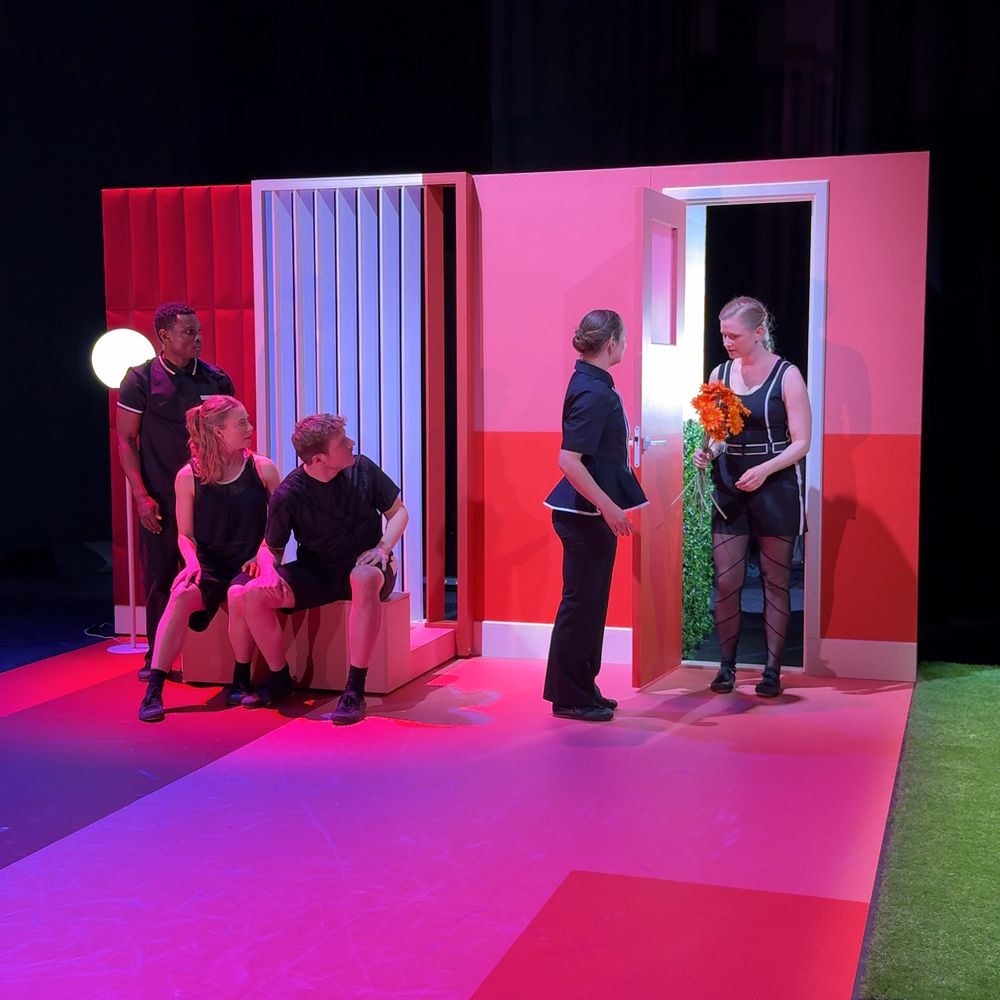 Een stil uit de voorstelling. De vloer is heel roze en achterin zien we alle 5 de performers van de voorstelling staan of zitten. De deur in het decor is geopend en Roma komt naar binnen met oranje bloemen in haar hand. Iedereen kijkt naar haar.