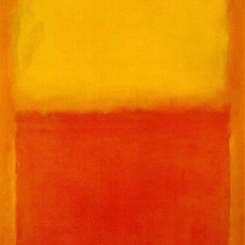 Foto van 'Orange and yellow', het schilderij van Rothko. Het zijn twee vlakken, de bovenste is geel en de onderste oranje.