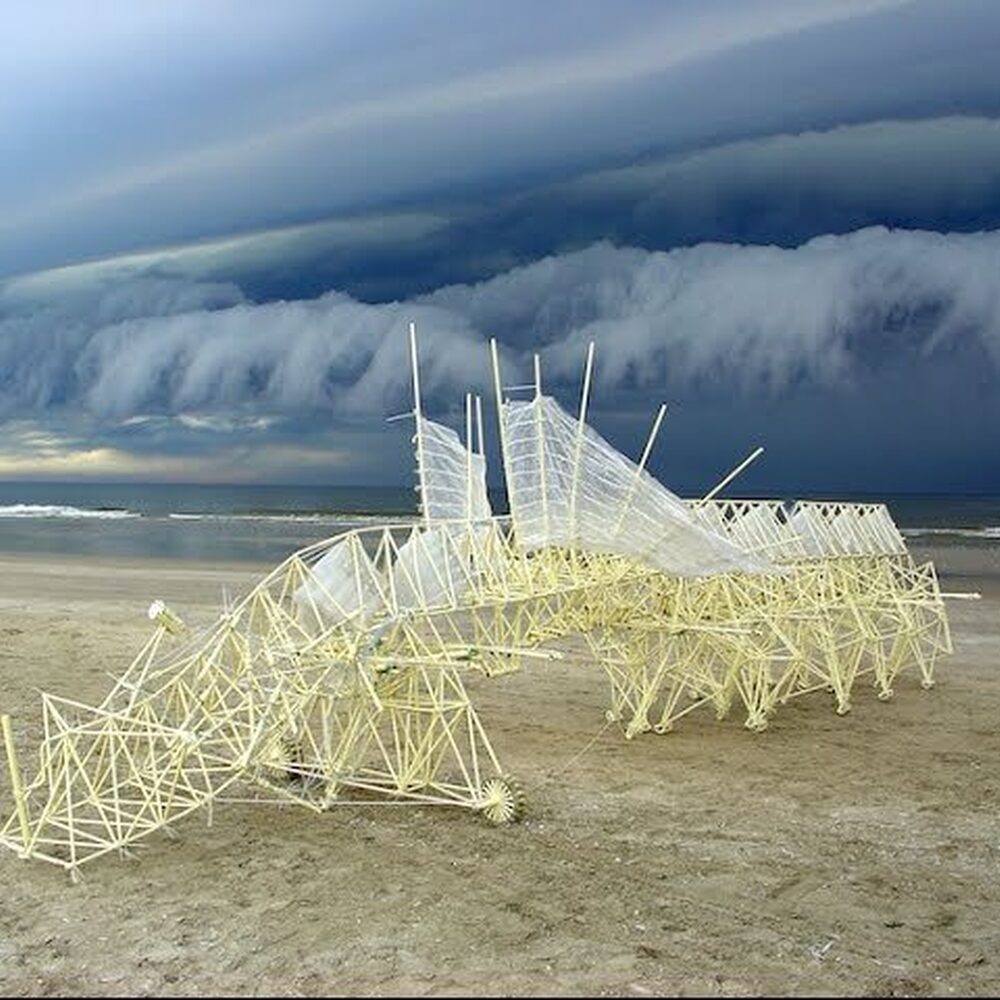 Een foto van een van de strandbeelden van Theo Jansen. Het is een enorm bouwsel van PVC buizen en ziet eruit als een soort draak. Het staat op het strand en de lucht erboven is donker.