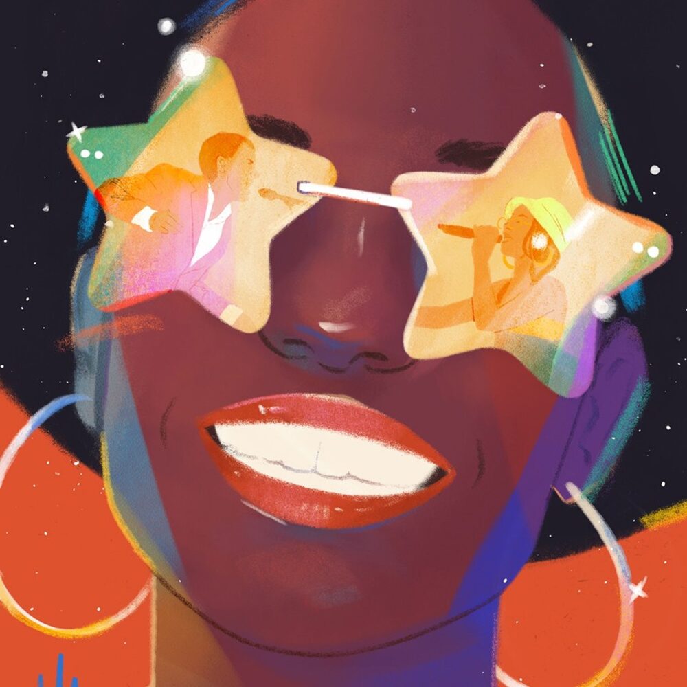 Een grafisch vormgegeven poster met de letters 'we want the funk'. Je ziet een zwarte vrouw met een zonnebril in de vorm van sterren, waar je twee zingende mensen in ziet weerspiegelen. Het geheel is super kleurrijk, met veel oranje en geel.