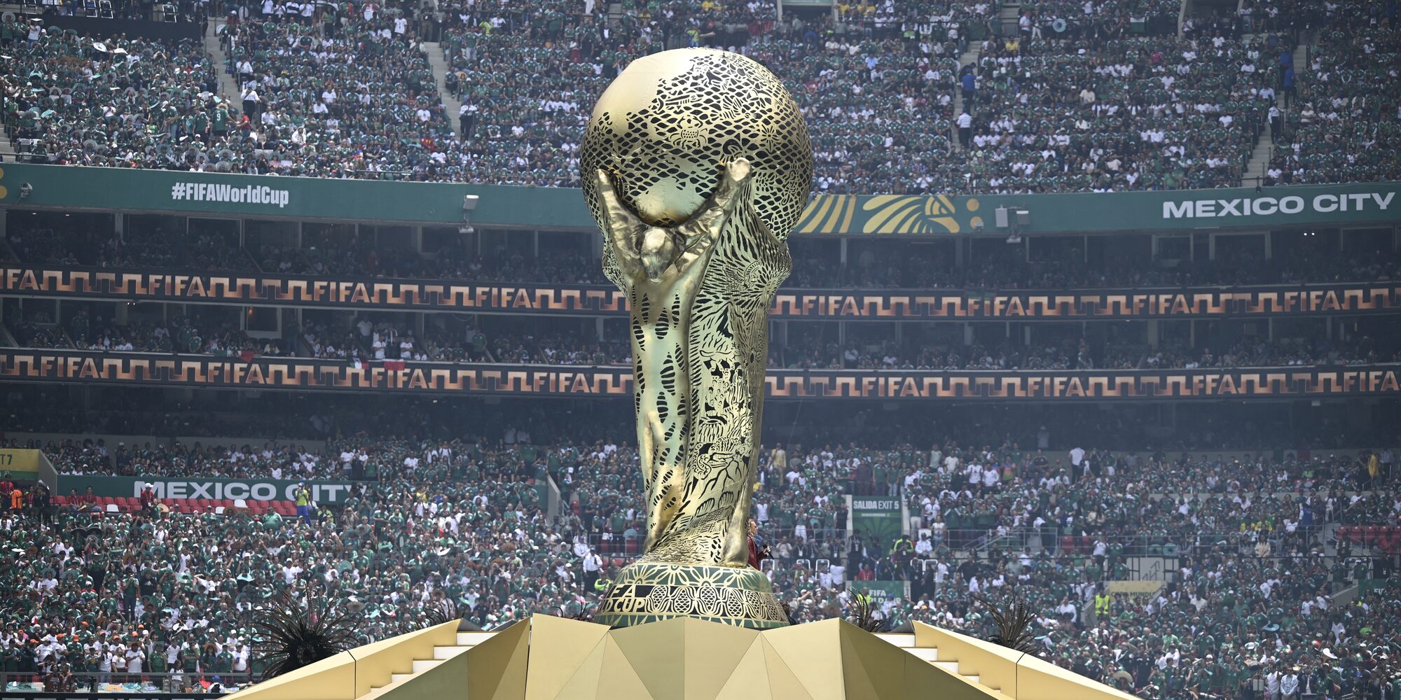 A huge replica of the World Cup trophy is seen during the opening ceremony ahead of the 2026 World Cup Group A football match between Mexico and South Africa at the Mexico City Stadium in Mexico City on June 11, 2026.
Alfredo ESTRELLA / AFP