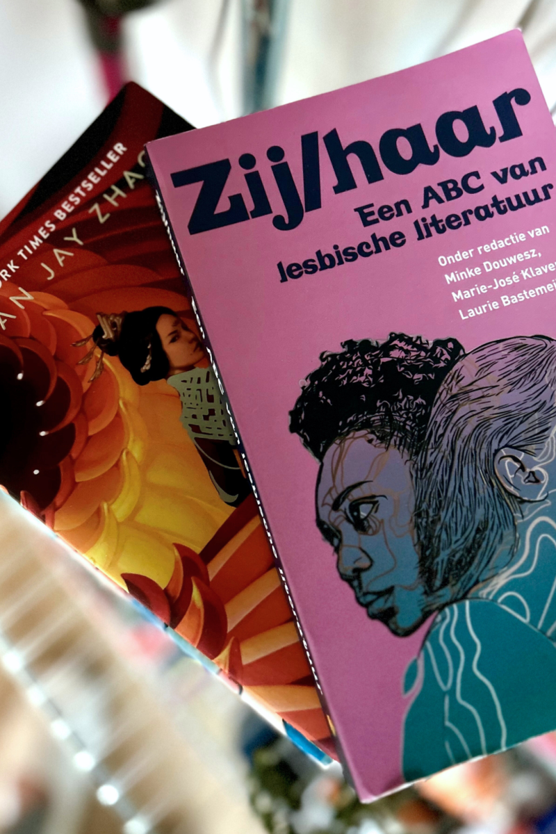 Stapel van twee boeken. Links ligt Iron Widow, een boek met een Chinese vrouw op de voorkant en op de achtergrond rode, gele en oranje tinten. Daarbovenop ligt rechts het boek Zij/haar, de omslag is roze en blauw en er staan twee vrouwen op die elkaar omhelzen.
