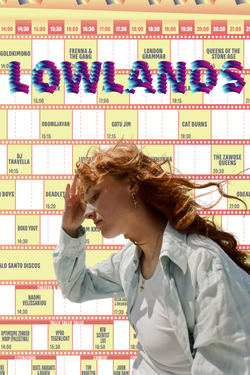 Een collage van Froukje die een hand naar haar hoofd doet, voor een achtergrond van het Lowlands blokkenschema.