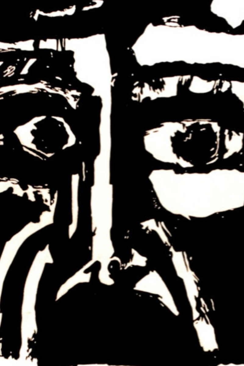 Poster voor de film La Dulce Vida (La Dolce Vita) op Cuba. Een angstig grof geschilderd gezicht in zwart wit.