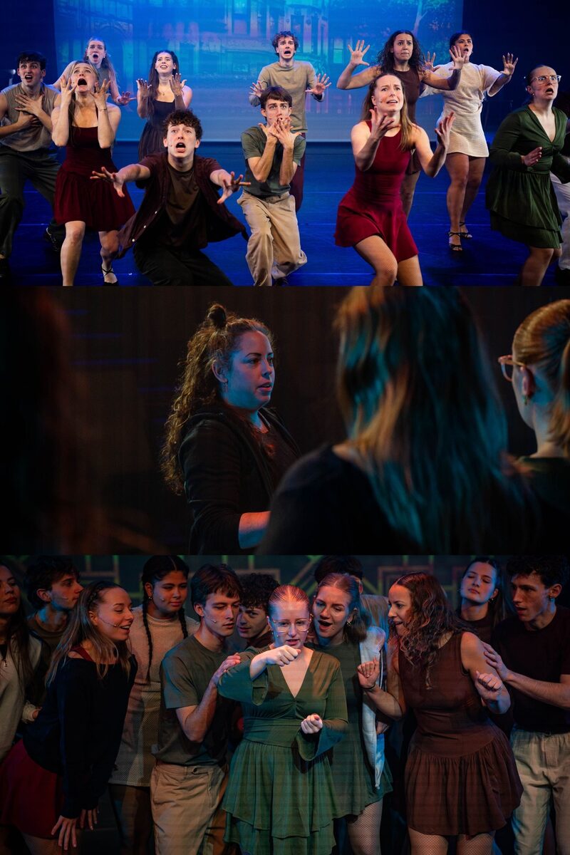 Je ziet Chiara Re die haar dansers feedback geeft. je ziet 2 foto's van musical dansers.