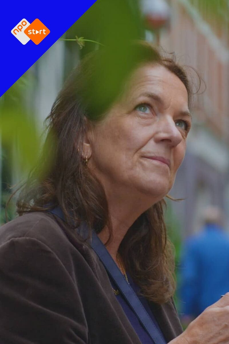 Witte vrouw met bruine haren en blauwe ogen kijkt in gedachte naar boven