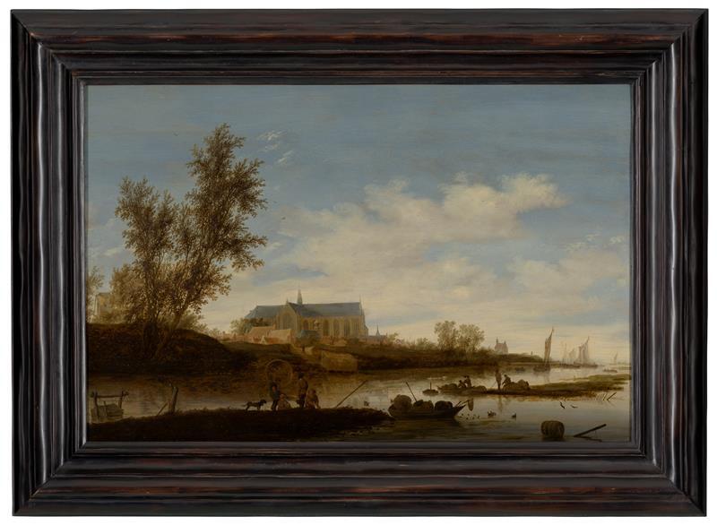 Een foto van het schilderij waar te tekst over gaat. Het is een gezicht op Alkmaar, je ziet de kerk en een boom op de voorgrond. Er is een klein watertje met een bootje en lopende mensen met een hond ervoor. Het is verder meer natuur met een kerk dan echt een stad.