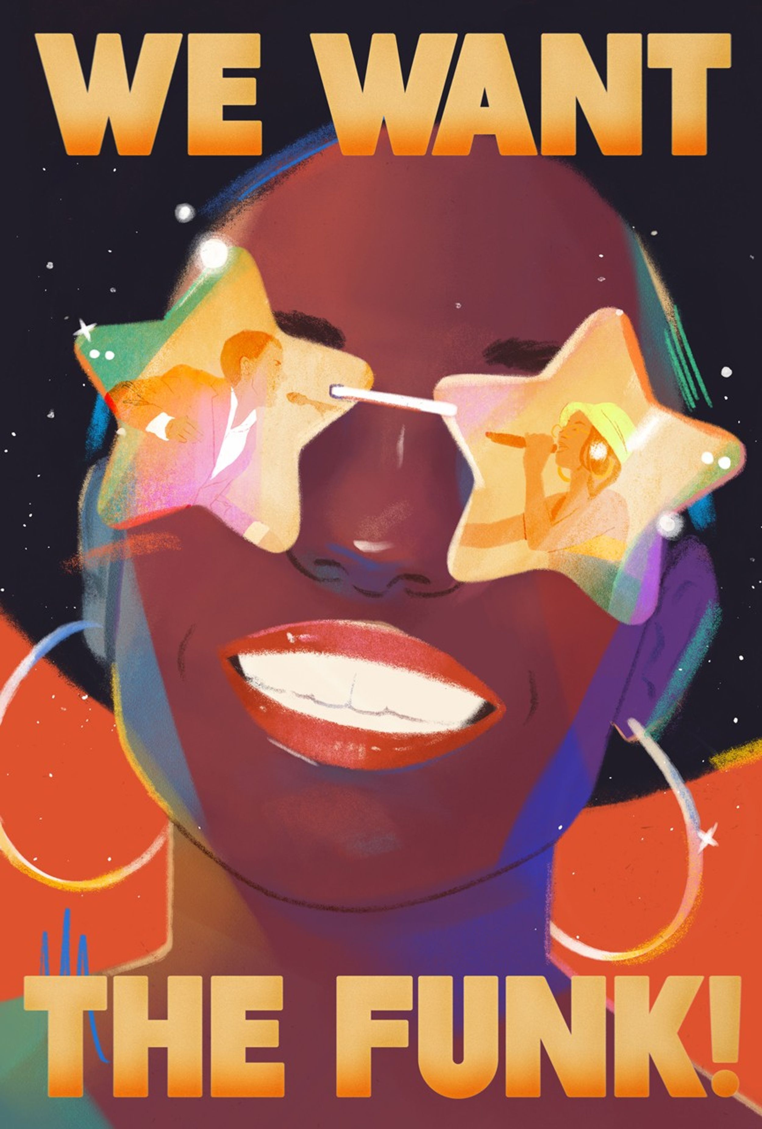 Een grafisch vormgegeven poster met de letters 'we want the funk'. Je ziet een zwarte vrouw met een zonnebril in de vorm van sterren, waar je twee zingende mensen in ziet weerspiegelen. Het geheel is super kleurrijk, met veel oranje en geel.